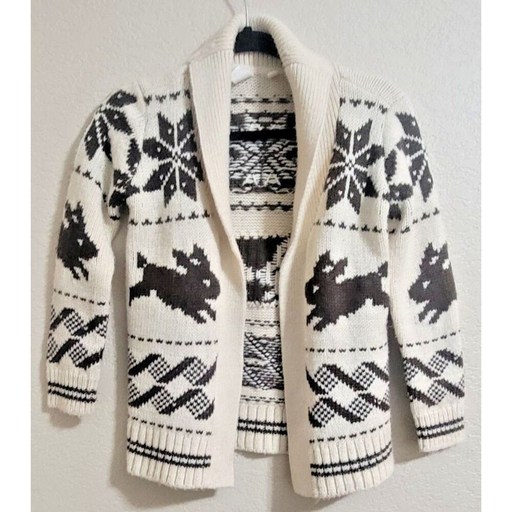 GAP Girl Open Cardigan Sweater Large 10-11 Wool Blend Cream & Brown Bunny Rabbit
